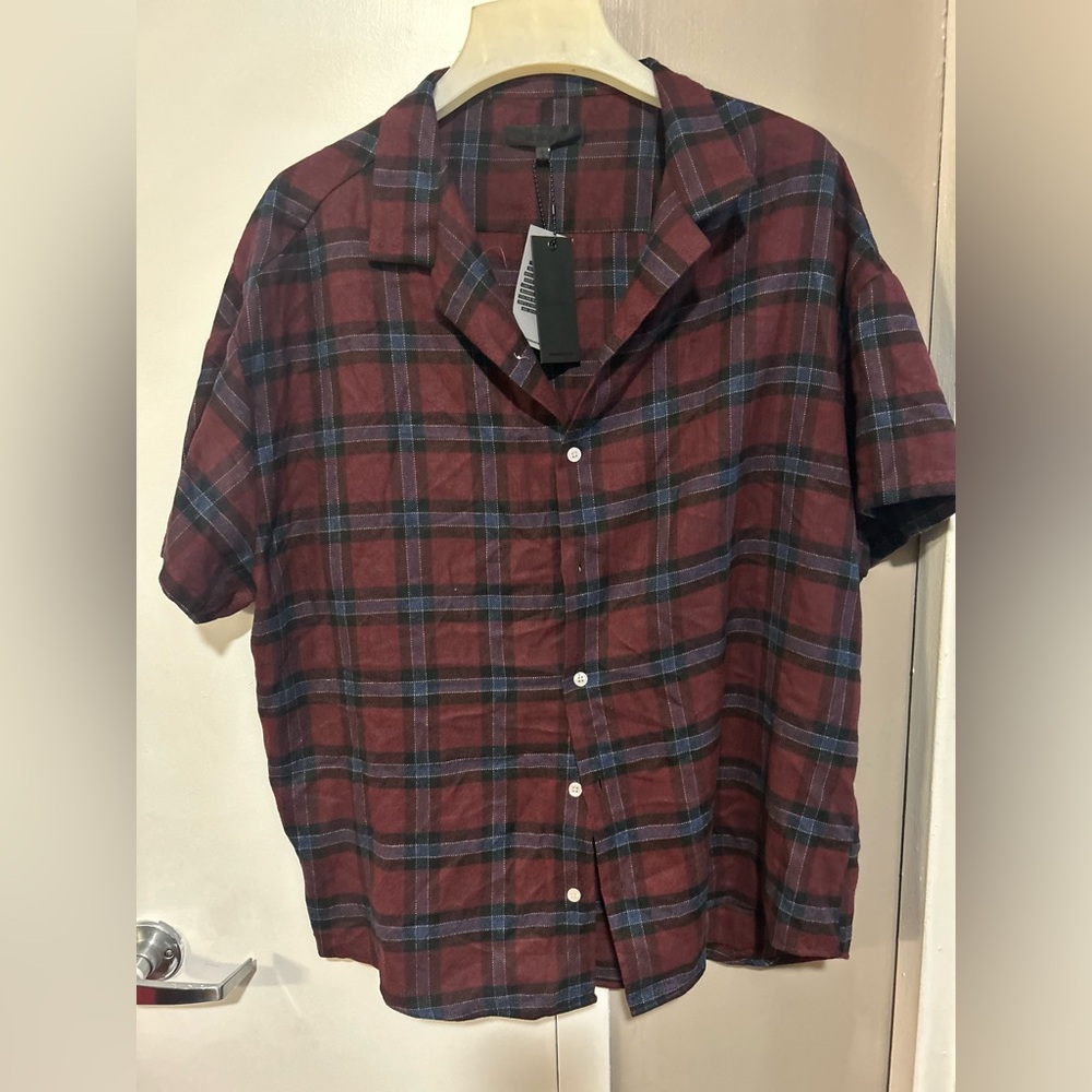 Plaid Button-Front Short Sleeve Top - Burgundy